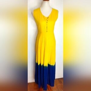YELLOW MAXI DRESS WITH ROYAL BLUE DIPPED HEM